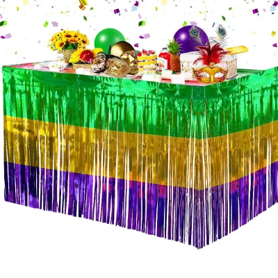 Green, Gold, and Purple 29x108" Metallic Foil Tinsel Fringe Table Skirts for Rectangle Tables Streamer Curtains Backdrop