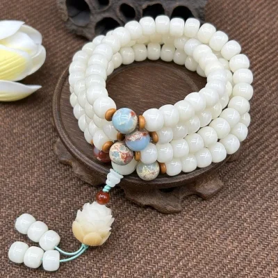 108 Beads White Jade Bodhi Root with Rudraksha Mala Beads, Buddhist Prayer Beads, Tibetan Matras Counting