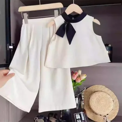 Summer New Girls' Ladylike Casual Suit Fashionable Bow Vest and Pants Solid Pattern Two-Piece Trendy Set