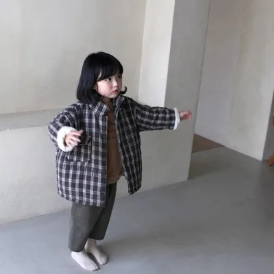 Winter 2021 New Korean Version for Boys and Girls Warm Winter Coat Coat Pure Color and Tartan Design Cotton-padded Jacket