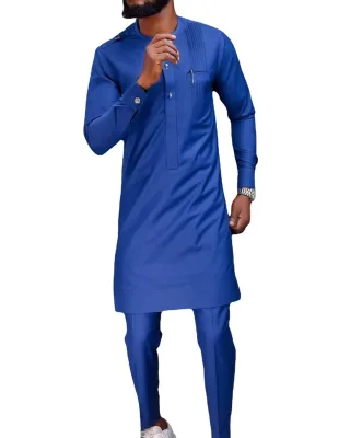 African Men Suit 2 Piece Set 2023 Blue Suit for Men Muslim Wedding Outfit Party Shirt and Pants Robe Musulmane