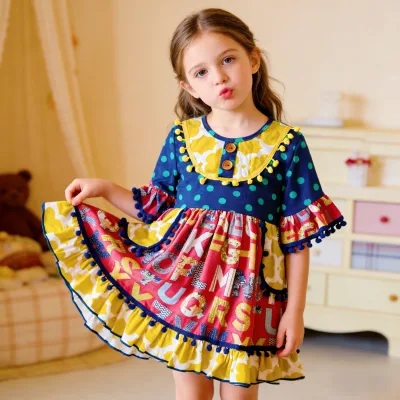 Yellow Hand Smocked Toddler Girls Dress | Cotton Lace Petal Sleeve Ruffle Dot Pattern Summer O-Neck Outfit