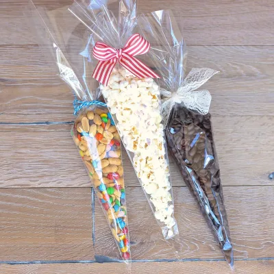 Cone Cellophane Bags Plastic Cone Bags for Party, Clear Cone Shaped Treat Bags with Twist Ties