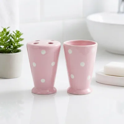 pink Glazed Spot Design Ceramic Toothbrush Holder Bathroom
