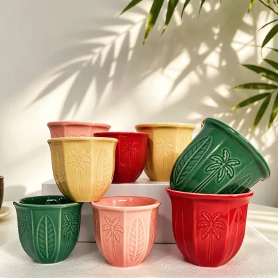 Handmade Turkish Coffee Cups 2oz Embossed Palm Tree Ceramic Demitasse Mugs for Middle East Restaurant