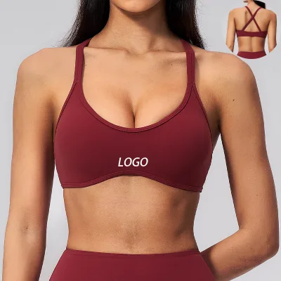 Women U Neck Sports Bra Racerback Workout Bra with Removable Pads Medium Support Low Back Athletic Yoga Fitness Bra Custom Logo