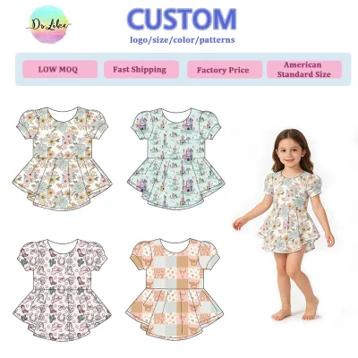 Floral Printed Girls Dress Puff Short Sleeve Toddler Clothes Custom Style Baby Girl Dresses