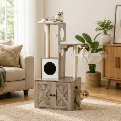Kimmel Cat Tree with Litter Box Enclosure Farmhouse Condo for Living Room