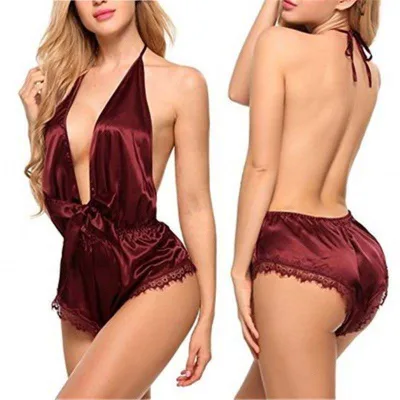 Women Sexy Lace Satin Lingerie Smooth Silk-like Nightwear Sleepwear Set Nighties for Women Night Dress Wear Deep V-Neck R1488