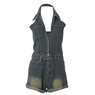 Women's Clothing Summer Lapel Sleeveless Halter Backless Curling Cowboy Siamese Shorts