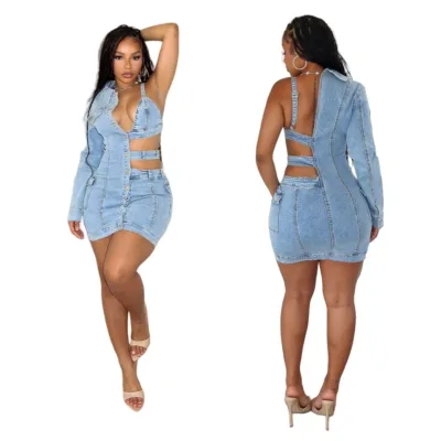 Hot Selling Denim Off the Shoulder One Sleeve Stretch Fashion Jean Dress