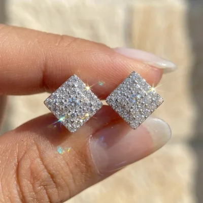 Unisex Factory Direct Sale 925 Silver Statement Jewelry Party Wear Summer Beach Gra Square Sparkle Full Moissanite Stud Earrings