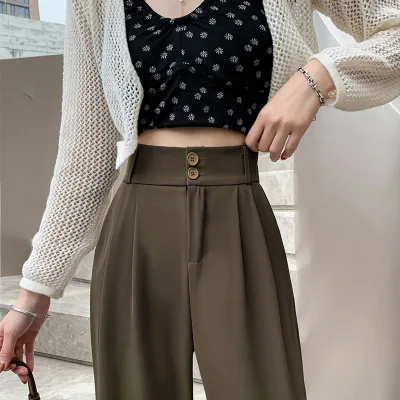 Spring Women's High Waisted Wide Leg Pants Casual Suit Trousers with Double Buttons Loose Straight Leg Office Pants for Ladies