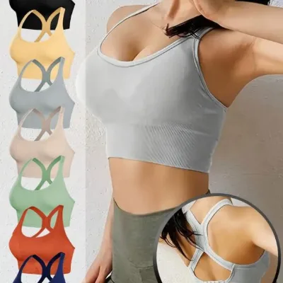 In Stock Seamless Women Cross Back Sports Bra Hollow Out Training Yoga Gym Running Top Breathable Wireless Vest for Girls