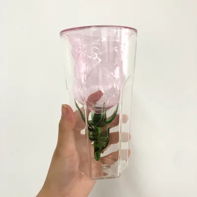 Unique pink rose flower shape double wall wine glass heat-resistant glass for wedding gifts party