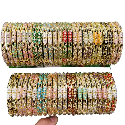 Wholesale Gold Plated Enamel Floral Crystal Bangle Set Multi Color Flower Rhinestone Stackable Thin Bangles Indian Pakistani Wed