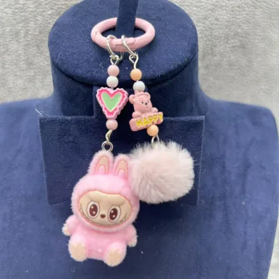 Wowei Creative Labubu Keychain Cute Three-Dimensional Plastic Fur Doll for Student School Bag Pendant Small Gift