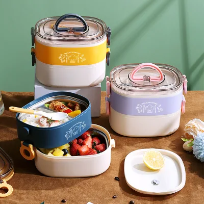 Double Layers Stainless Steel Bento Box Japanese Style Plastic Lunchbox Food Containers Leakproof Kids Adults Lunch Box