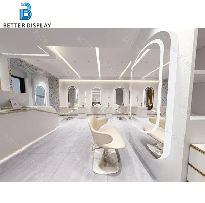 Luxury White LED Lighting Hair Salon Display Cabinet with Mirror for Beauty Salon Furniture