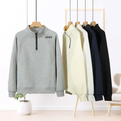 High-end Customized Embroidered Logo 320GSM Unisex Half Zip Hoodies Sweatshirts Cotton Polyester Stand Collar Blank Pullover