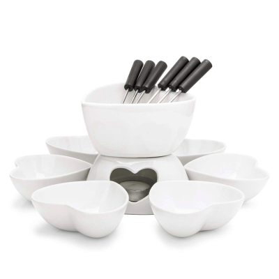 Classical Pure White Heart Shape Ceramic Chocolate Fondue Set