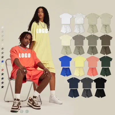 Unisex Drop Shoulder Oversize T-Shirt and Sweat Shorts Streetwear 2 Piece Set