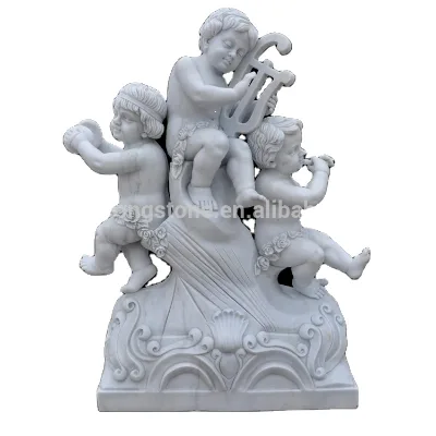 Music Theme Hand Carved Natural White Marble Musical Kids Figure Statue Sculpture