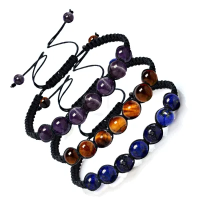 8mm Classic Handmade Round Bead Stone Lapis Lazuli Green Aventurine Tiger Eye Braided Unisex Yoga Bracelet