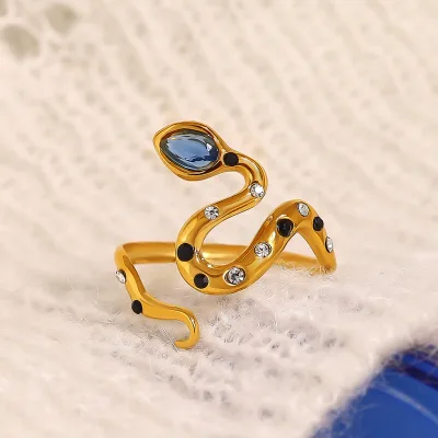 French Blue Zircon Serpentine Ring 18K Gold Plated Titanium Steel Asscher Cut Open Design Trendy New Hand Jewelry Gift Wholesale