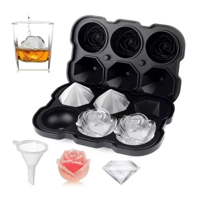 Eco-Friendly Reusable Portable Diamond Rose Ice Cube Tray Food-grade Silicone Whisky Ice Cube Mold
