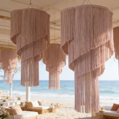 Blush Pink Spiral Handwoven Tiered Fringe Macrame Lampshade for Beach Weddings & Coastal Events