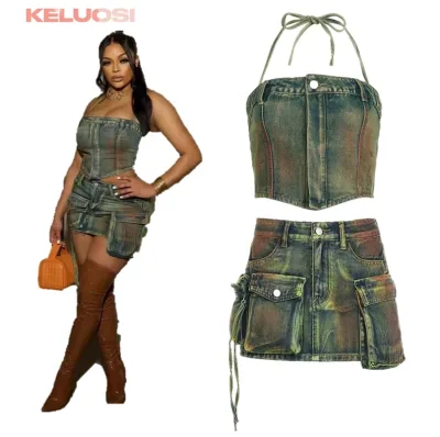 American Style Green Denim Set for Women Boutique Clothing Halterneck Tube Top Multi-pockets Mini Skirt 2 Piece Outfits