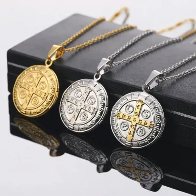 Religious San Benito Cross Medal Necklace Stainless Steel Saint Benedict