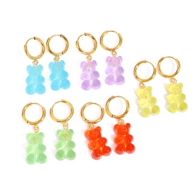 J&D 18k Gold Stainless Steel Earrings Sweet and Cute Acrylic Colorful Bear Drop Earrings for Girls Daily Outfits