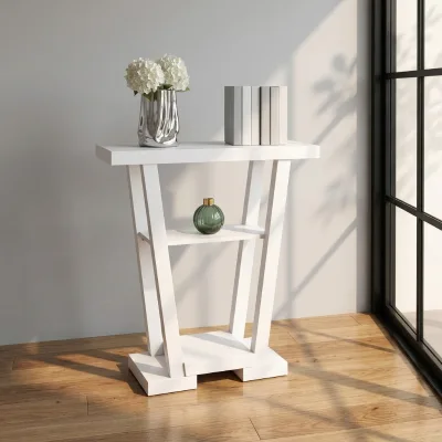 Modern White Z-Shaped Console Table with Storage Shelves for Living Room