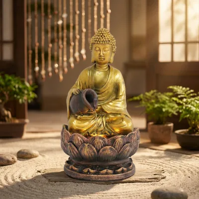 Polirezin Golden Buddha Statue with LED Lights for Outdoor Garden Decoration-Waterproof & Weather Resistant