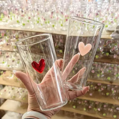 Unique Design Heart Design Single Wall Glass Mug 450ml Heart Glass Cup for Water Coffee Tea