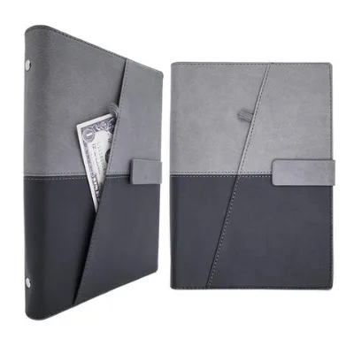 A5 Loose-Leaf Business Notepad Gray Faux Leather Planner Refillable Ring Binder Notebook with front pocket