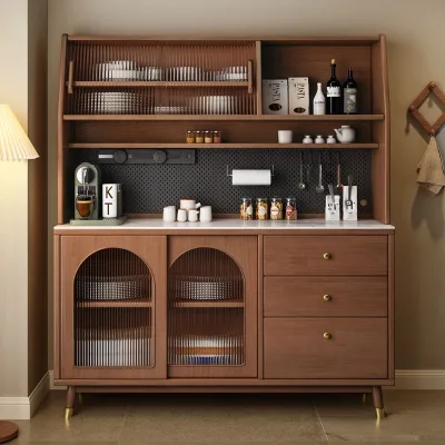Solid Wood Sideboard with Fluted Glass Doors and Drawers Buffet Cabinet Walnut Marble Top Large Capacity Dining Room Anrichte