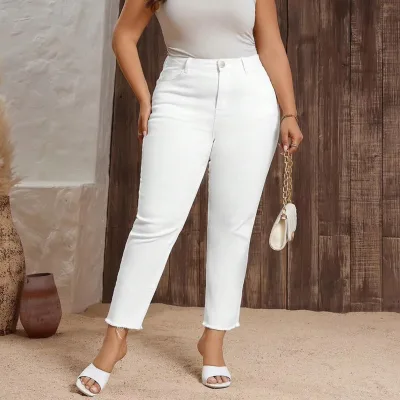 Women's Plus Size White Stretch Straight Leg Jeans Fashion Show Slim Trousers in Denim Fabric White Formal Pants