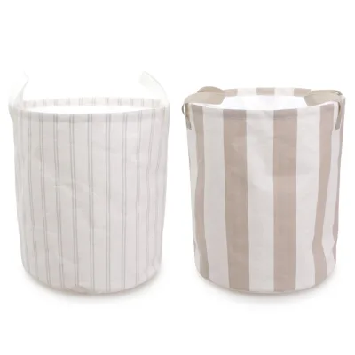 Minimalist Foldable Collapsible Stripe Cotton Linen Laundry Basket Drawstring Handles Large Capacity Storage Wardrobe Clothing