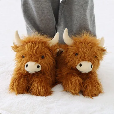 New 2024 Custom Highlands Cows Birthday Toy Gift for Kids Scottish Cute Stuffed Animal Plush Household Slippers Plush Slippers