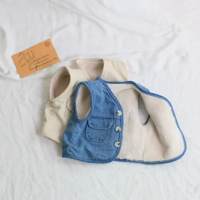 Winter Boys Girls Denim Vest Baby Plush Tank Top
