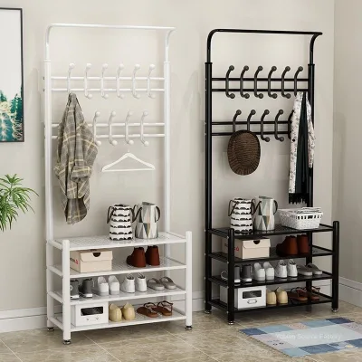 Multifunctional Floor Coat Rack for Bedroom Simple Living Room Storage Rack with Hanger Shoe & Hanging Bag Shoe Cabinet