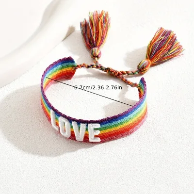 Boho Monogrammed Embroidered Letter Bracelet Hand Knit Tassel rainbow Bracelet