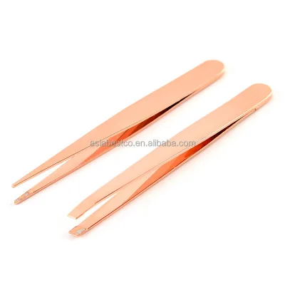 Set of 2 Rose Gold Eyebrow Tweezers Slant & Point Tip Eyebrow Tweezers Stainless Steel Manicure Tweezers