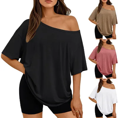 For Independent Store Ready Stock Solid-color-style Off-shoulder Womens T-shirts Round-neck Short-sleeve Knitted Fabric