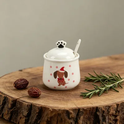 Ceramic White Christmas Sugar Bowl with Dachshund and Polka Dots Design Includes Spoon and Paw Shaped Lid for Kitchen