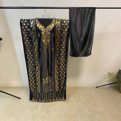 New Style Women's Gold Stamping Abaya Off-Shoulder Loose Long Robe Headscarf Fashionable Colorful for Summer Export