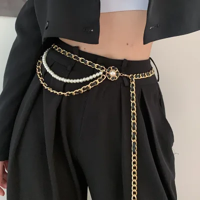 Vintage Skinny Linked Punk Dress Chain Belt Gold Plate Three-Layer Waist Chain Belt Women Flower Pearls Layered Chain Belt